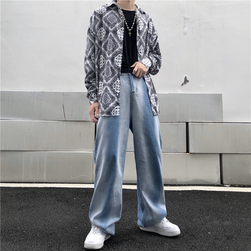 控47韩国复古牛仔裤水洗ins潮流扎染渐变色休闲裤男女阔腿直筒裤