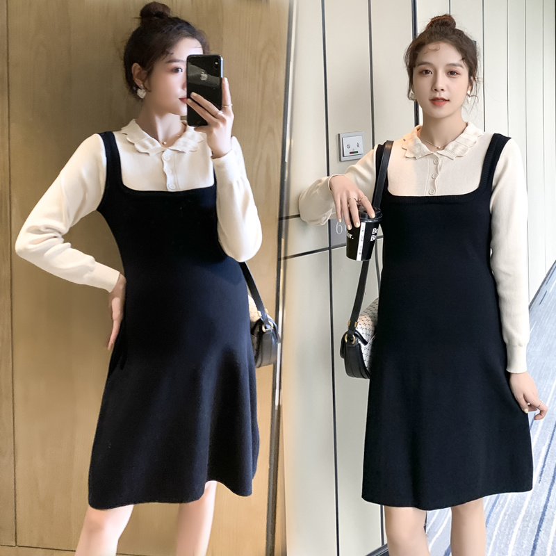 实拍现货2020秋冬新款孕妇甜美百塔撞色包芯纱假两件气质织毛衣大码连衣裙