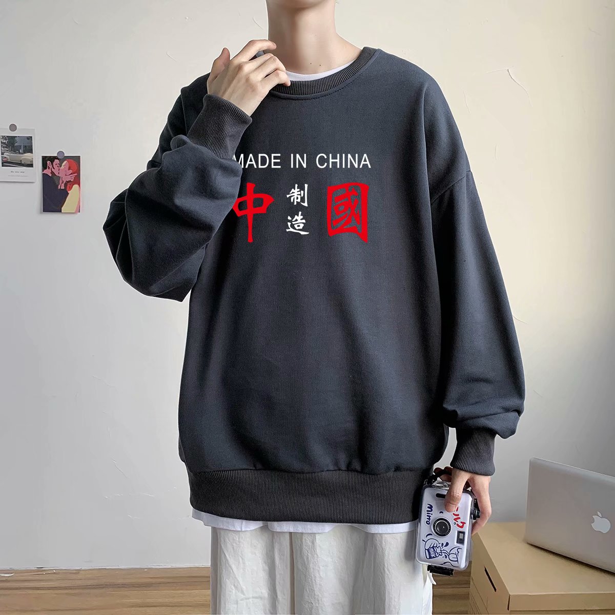 实拍 港风潮流印花百搭街头圆领宽松上衣男日系韩版休闲潮流卫衣