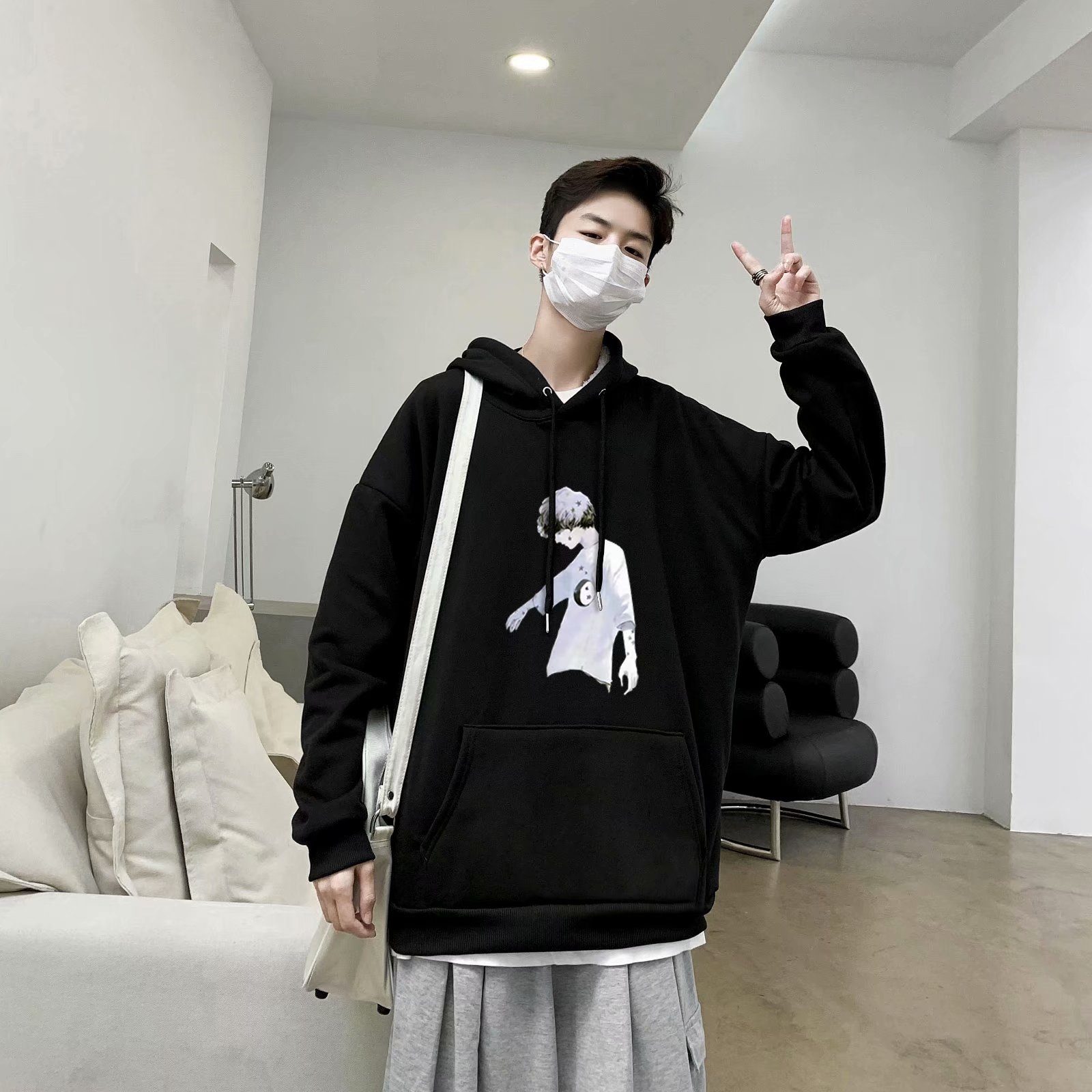 实拍 港风日系简约百搭宽松街头连帽加绒上衣韩版休闲运动卫衣潮