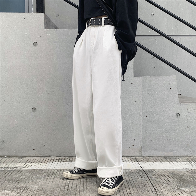 控价42韩国潮流牛仔裤水洗白色日系原宿休闲裤ins复古宽松阔腿裤