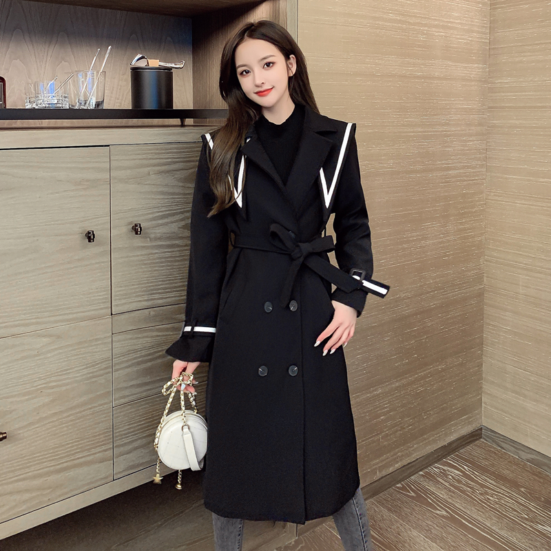 实拍2020秋冬新款现货韩版宽松显瘦长款气质百搭海军领撞色风衣