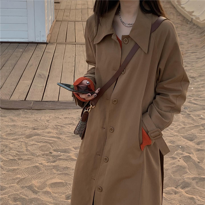 实价实拍秋季韩版ins经典百搭款翻领纽扣中长款风衣外套