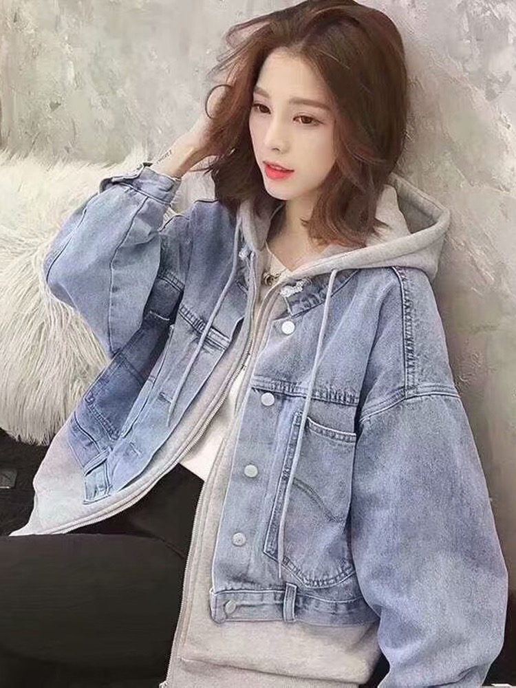羊羔毛牛仔外套女冬2020新款韩版宽松短款加绒加厚连帽假两件外衣