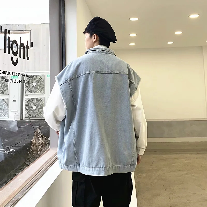 实拍 韩版修身港风纯色百搭街头水洗牛仔马甲上衣男日系简约外套