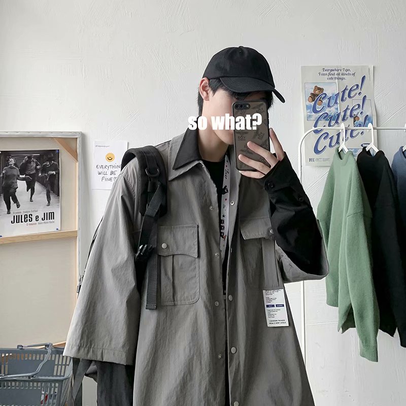 实拍 日系纯色百搭假两件简约港风宽松街头夹克上衣韩版休闲外套