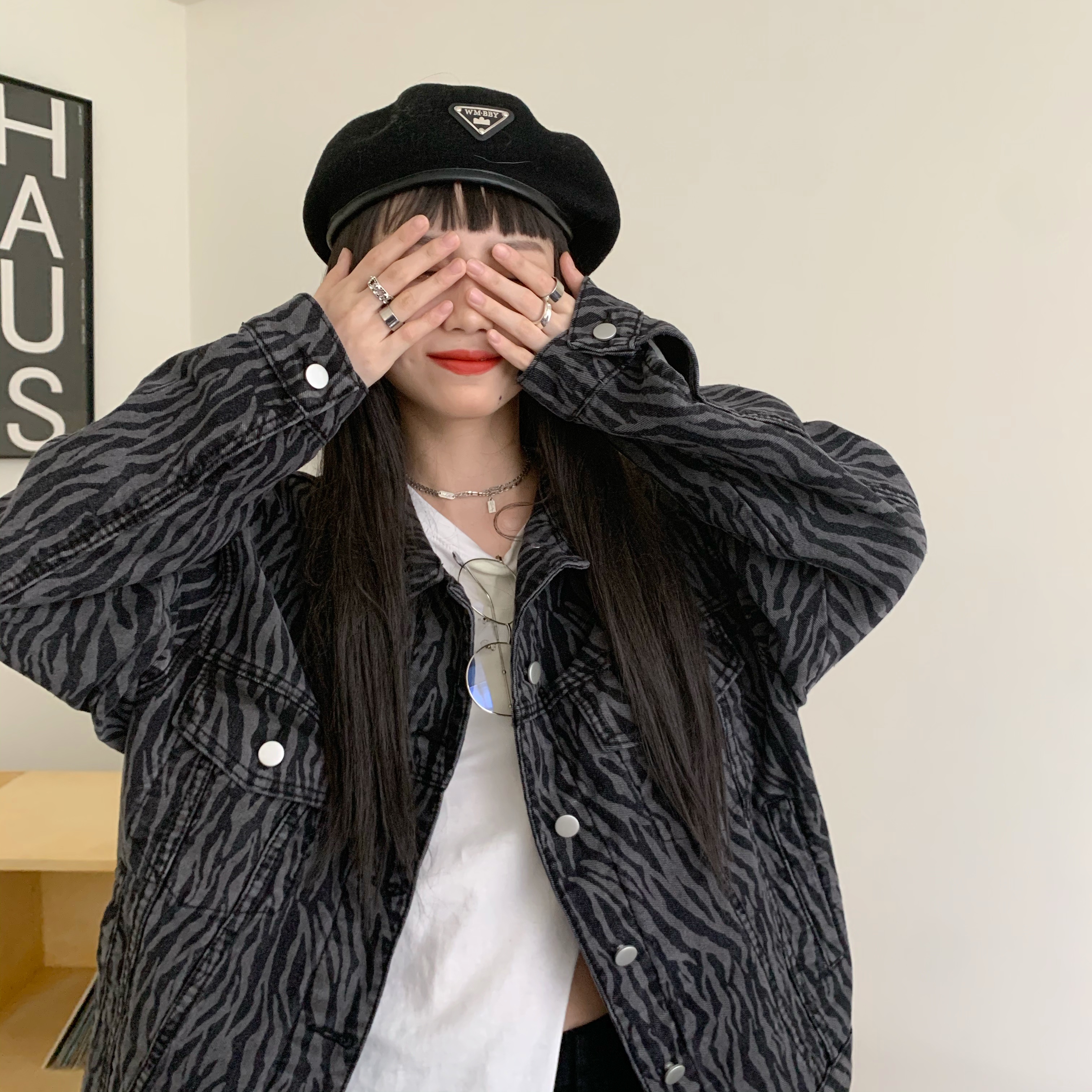 实拍实价~斑马纹牛仔外套韩版宽松显瘦条纹夹克上衣