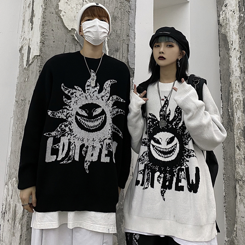 控52韩国复古男女针织衫ins潮流网红太阳花图案提花毛衣外套宽松