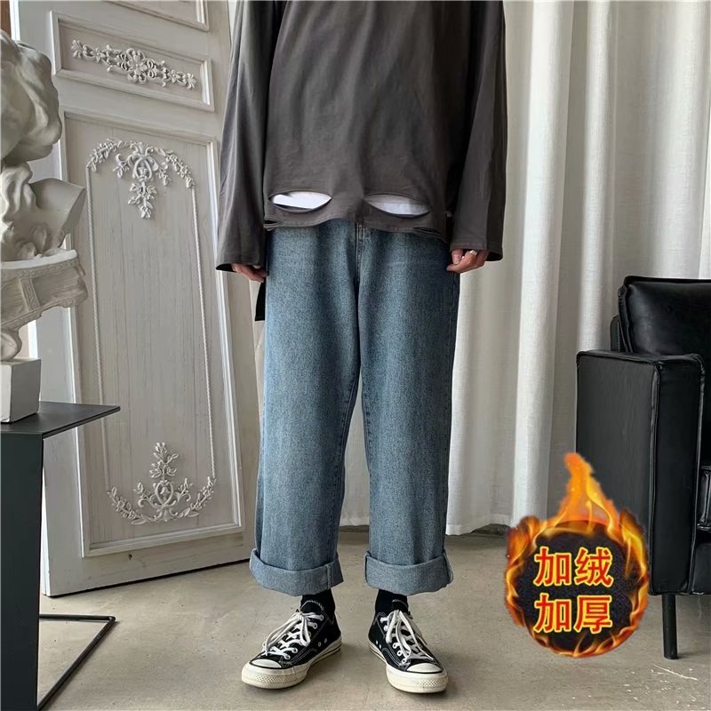 实拍 日系港风纯色百搭街头简约水洗牛仔九分裤男韩版休闲直筒裤