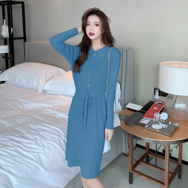 2020秋季新款收腰气质针织连衣裙女春秋长款过膝打底长袖毛衣裙子