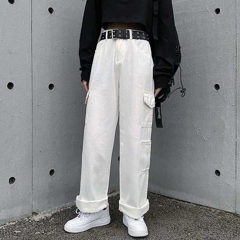 控47韩国复古牛仔裤水洗白色男女阔腿工装大口袋休闲裤宽松直筒