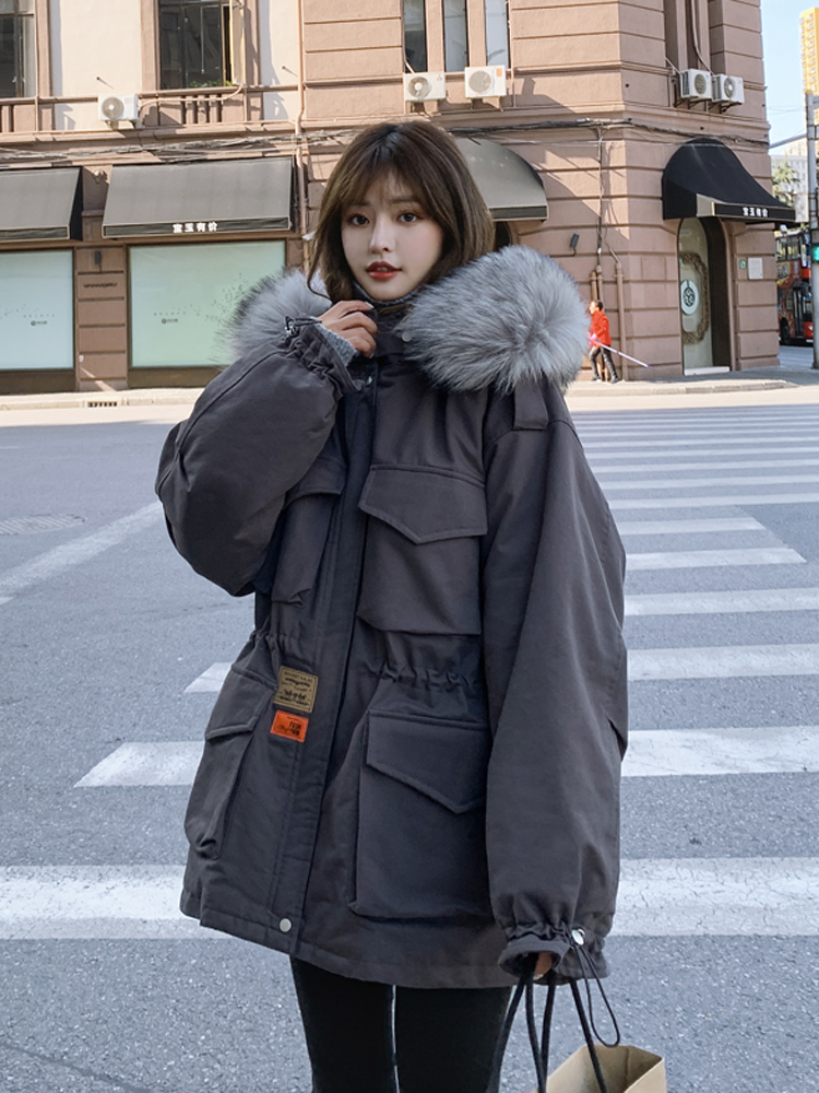 工装加绒派克服2020新款棉服女冬中长款收腰加厚宽松显瘦棉衣外套