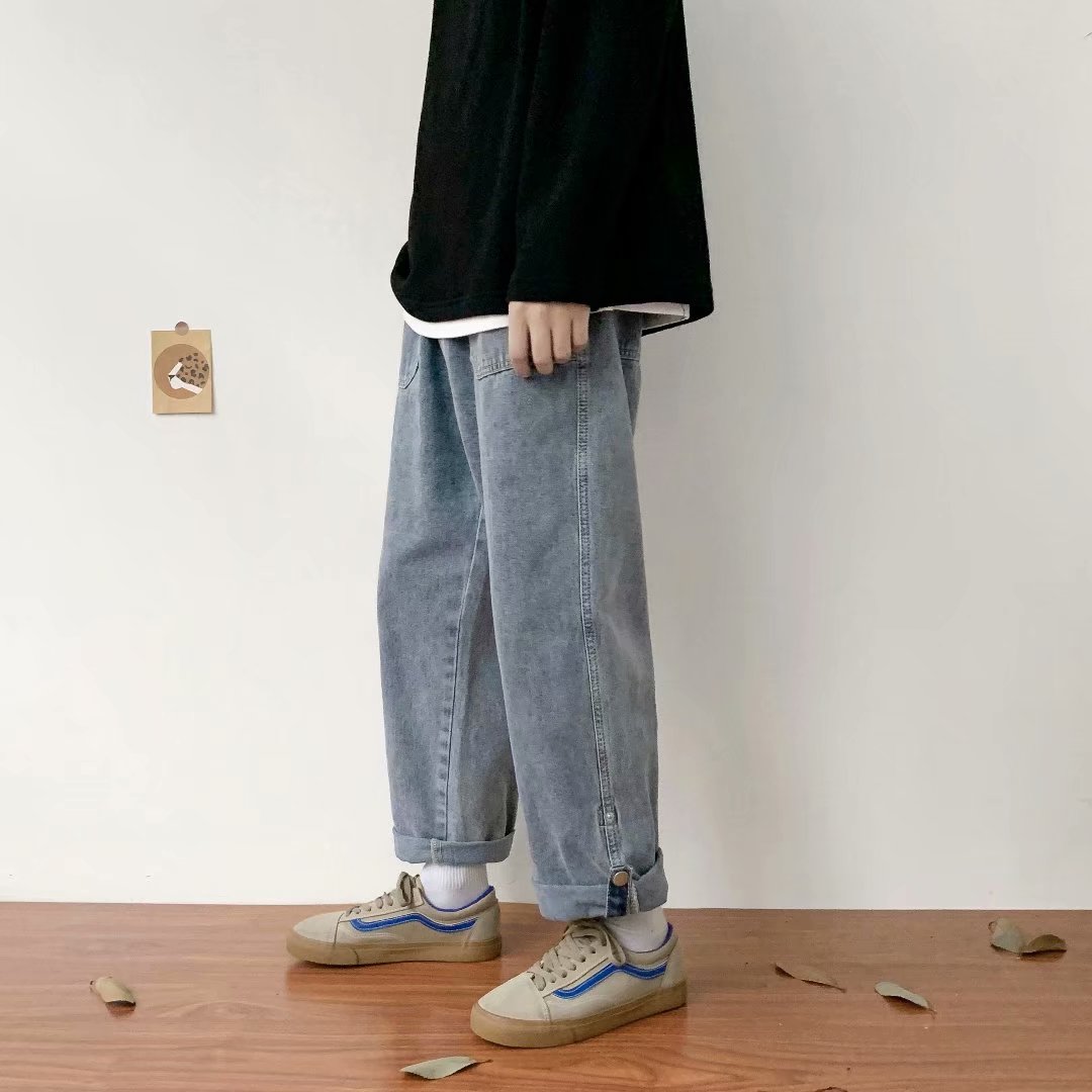 实拍 日系简约港风纯色百搭街头水洗牛仔裤男韩版休闲宽松九分裤