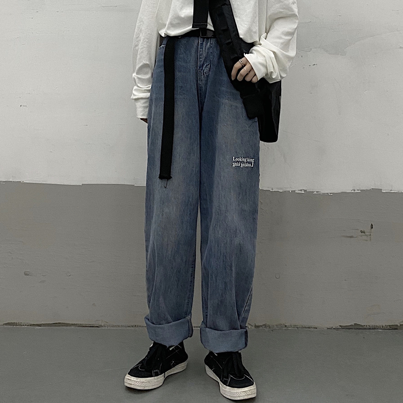 控47韩国ins复古男女牛仔裤水洗竹节蓝宽松阔腿直筒长裤字母印花