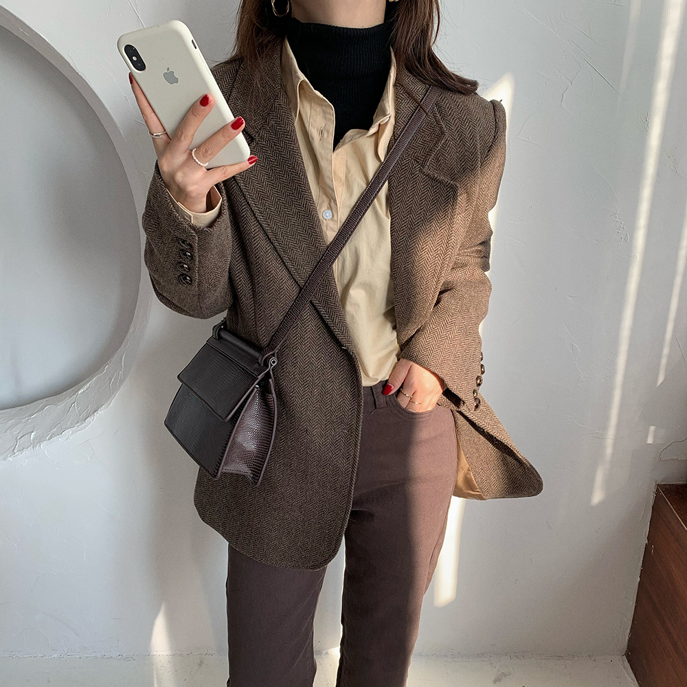 实拍  韩版宽松人字纹西装外套女 显瘦气质休闲上衣