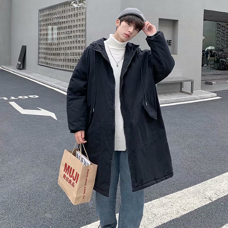 实拍 韩版纯色港风百搭街头中长款开衫上衣男日系简约休闲棉衣潮