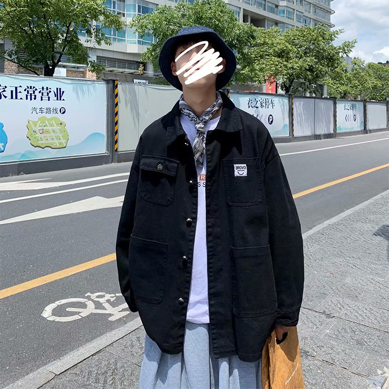 实拍 日系韩版简约宽松纯色百搭夹克上衣男港风休闲开衫潮流外套