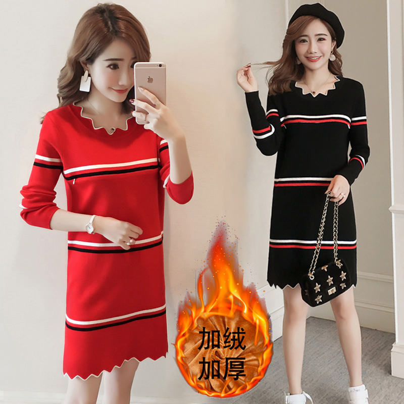 实拍6649#加绒加厚哺乳毛衣秋冬产后喂奶连衣裙显瘦保暖针织衫潮