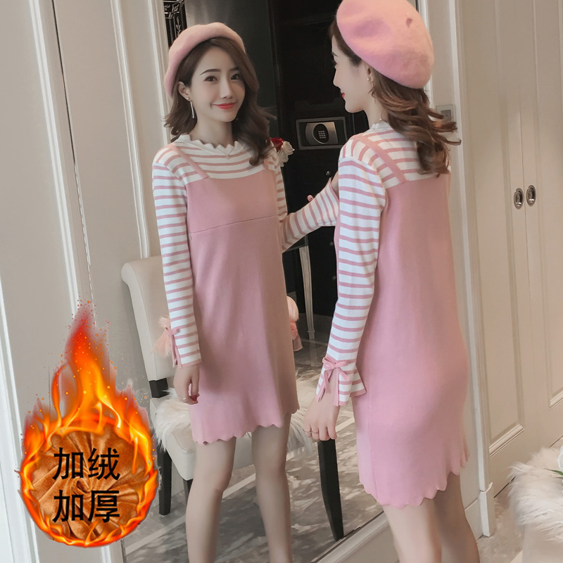 实拍6658#加绒加厚哺乳毛衣假两件条纹针织连衣裙产后喂奶打底衫