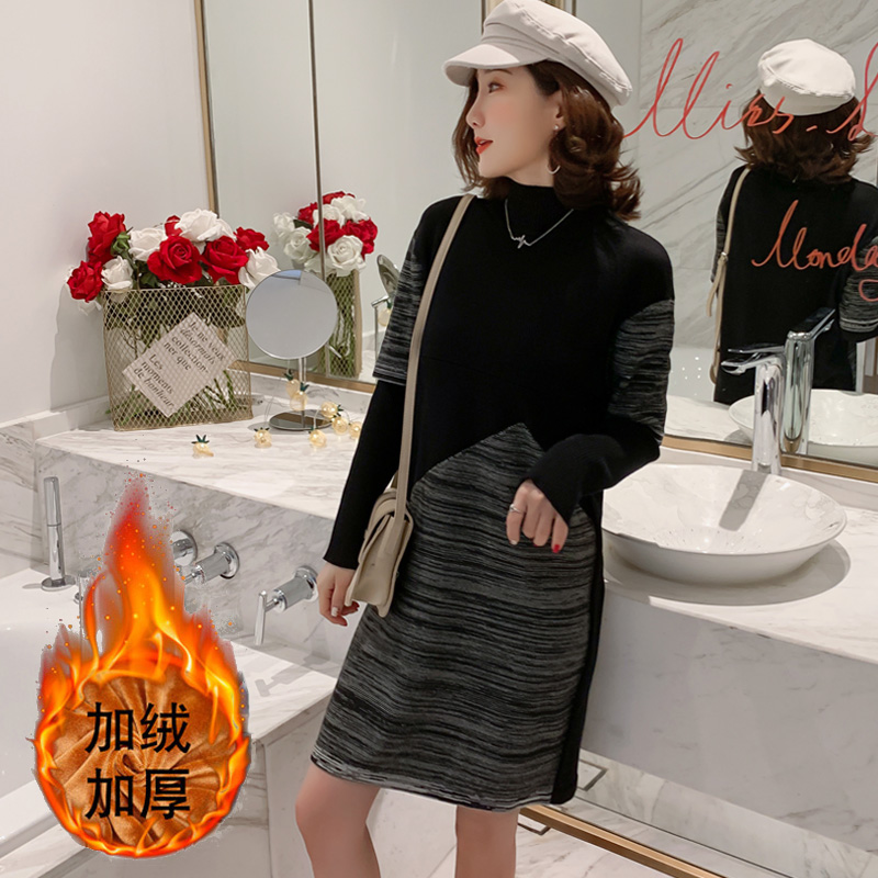 实拍9906#加绒哺乳毛衣时尚撞色拼接针织连衣裙产后显瘦喂奶衣潮