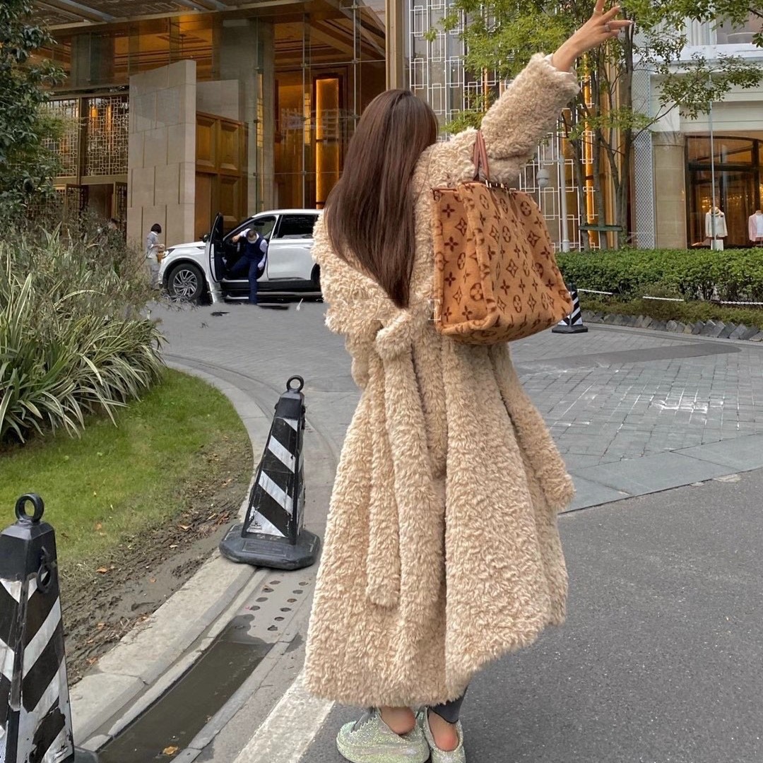 冬季新款韩国仿皮草宽松中长款羊羔毛绒保暖纯色风衣毛毛外套