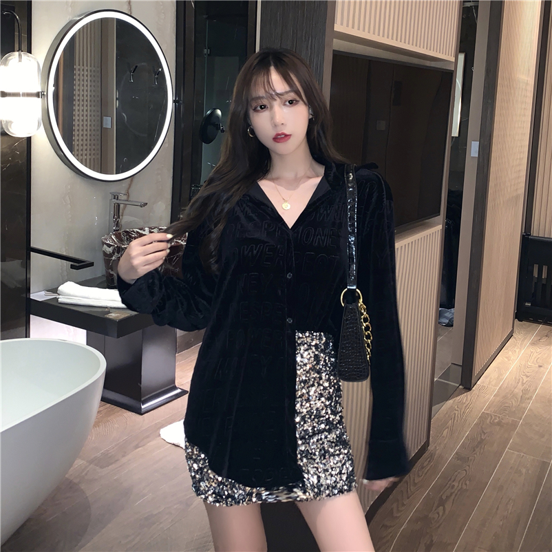 实拍实价复古宽松压花丝绒长袖衬衣+亮闪亮片性感高腰A字包臀短裙
