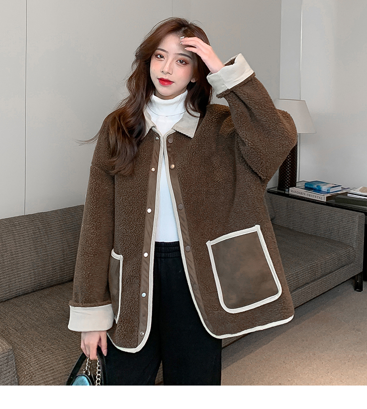 冬季韩版2020新款宽松慵懒风POLO领加厚保暖仿羊羔毛长袖外套女装