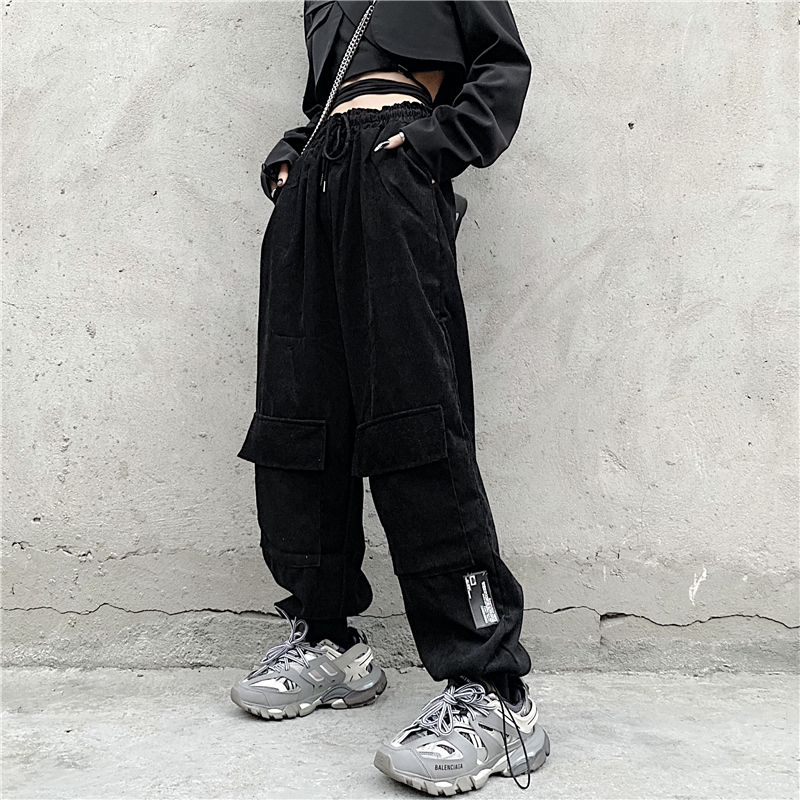 控41韩国复古灯芯绒直筒阔腿裤ins潮流暗黑系男女束脚裤脚口抽绳