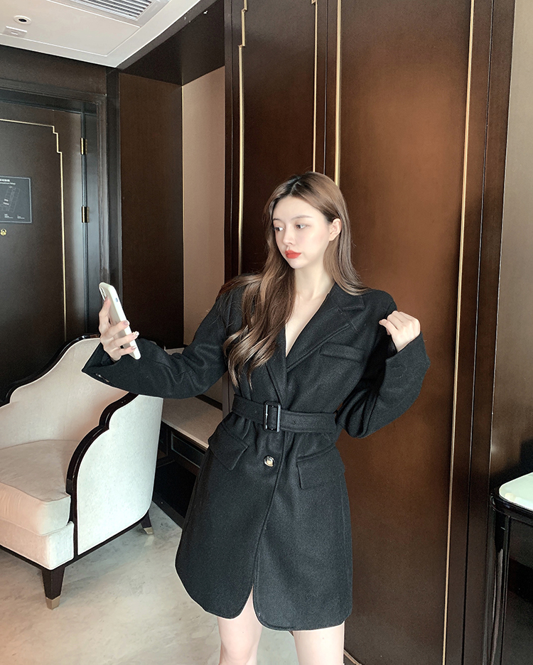实拍实价 ins设计感气质双面呢子西装收腰显瘦开叉中长大衣外套女