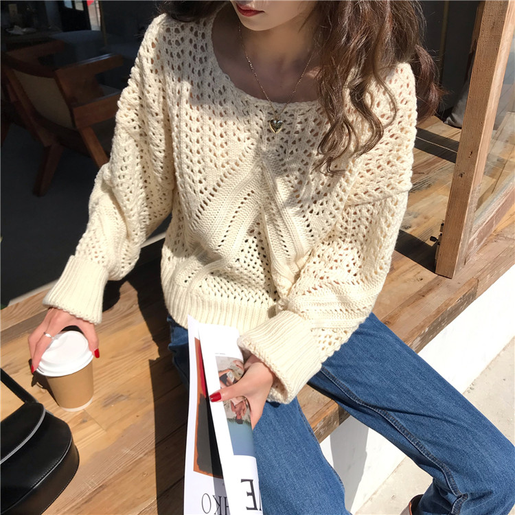 实拍！秋冬时尚上衣宽松圆领镂空百搭套头粗针加厚毛衣