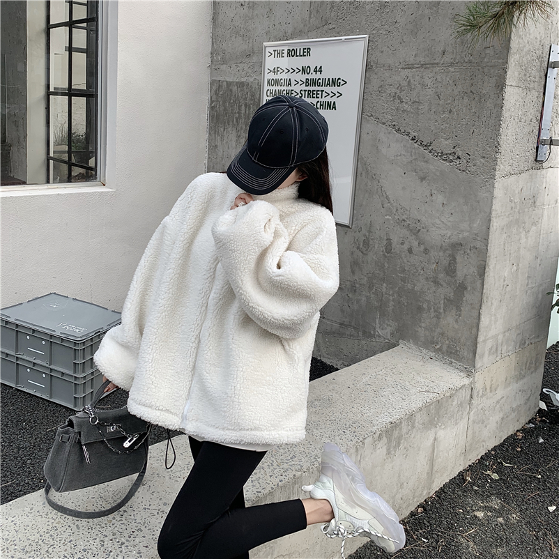 实拍实价韩版月亮提花软糯羊羔毛外套秋冬款宽松立领保暖上衣女潮