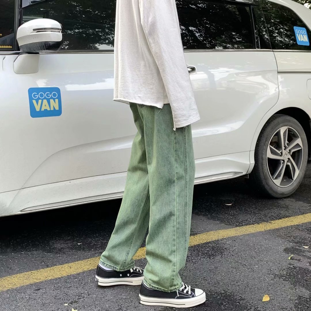 实拍 日系简约港风百搭纯色街头九分直筒裤男韩版宽松休闲牛仔裤