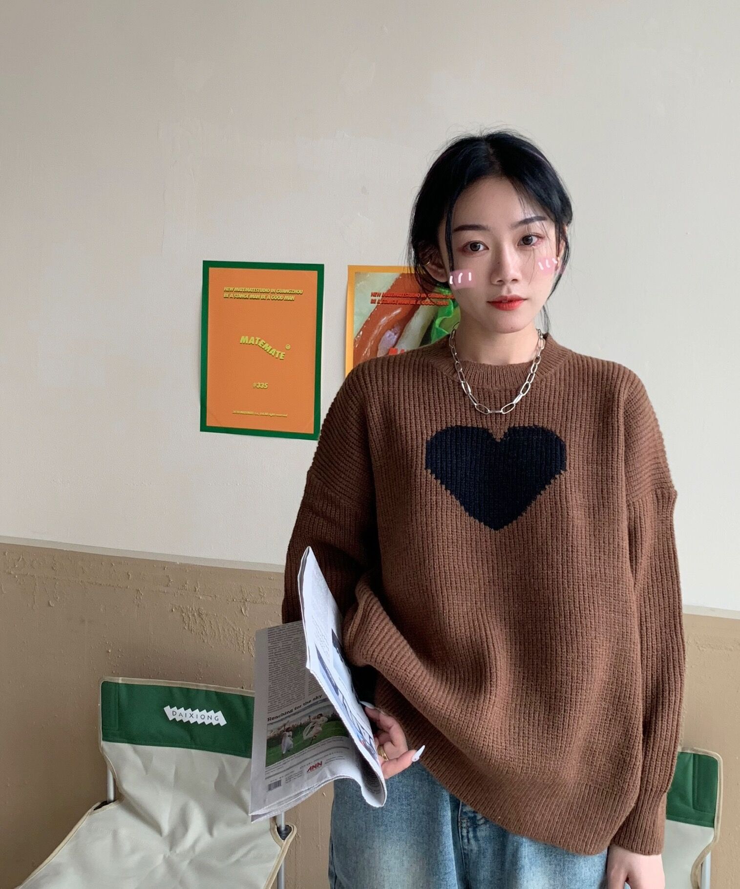 实拍实价 控3 休闲百搭慵懒风爱心宽松韩系毛衣女