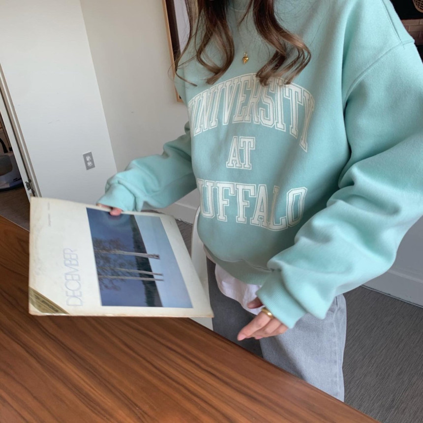 韩国chic 减龄薄荷绿字母印花卫衣 加绒