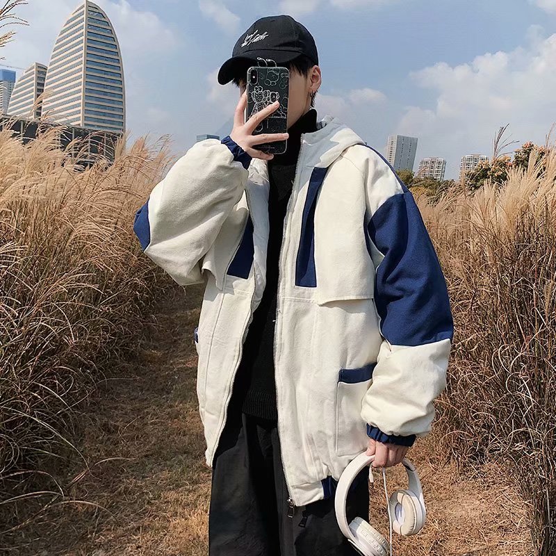 实拍 撞色拼接宽松上衣男韩版潮流连帽拉链开衫外套日系简约棉衣