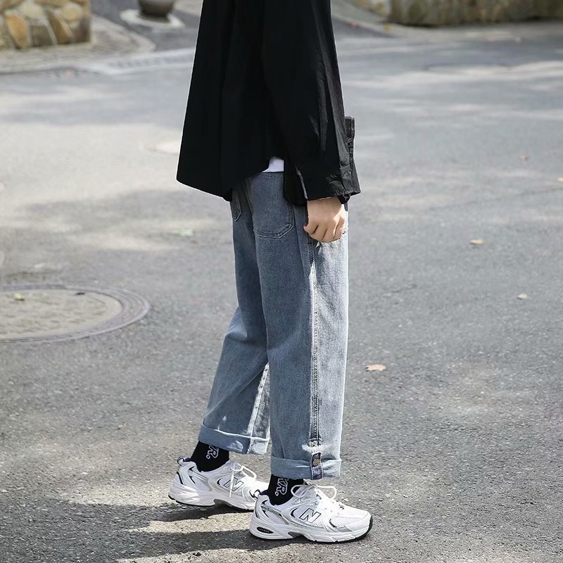 实拍 日系简约纯色百搭港风街头水洗牛仔九分裤男韩版宽松直筒裤