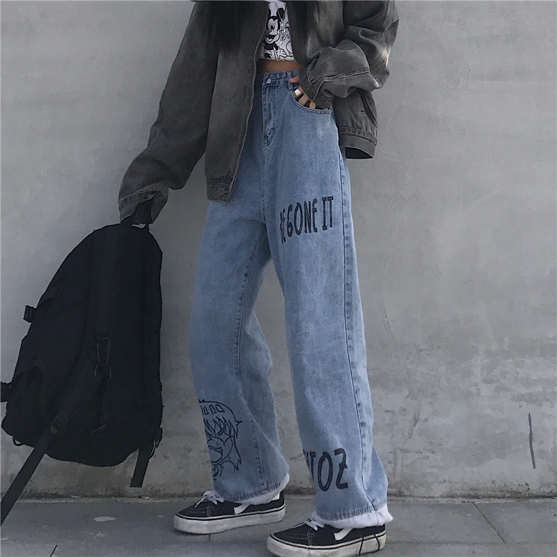 控47韩国ins潮流牛仔裤水洗日系卡通人物印花宽松阔腿裤拼接抽绳