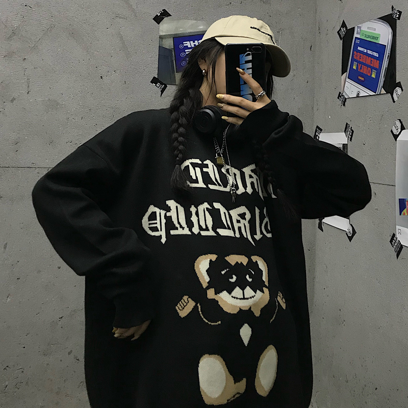 控52韩版复古针织毛衣外套ins潮流男女上衣加厚暗黑卡通提花宽松