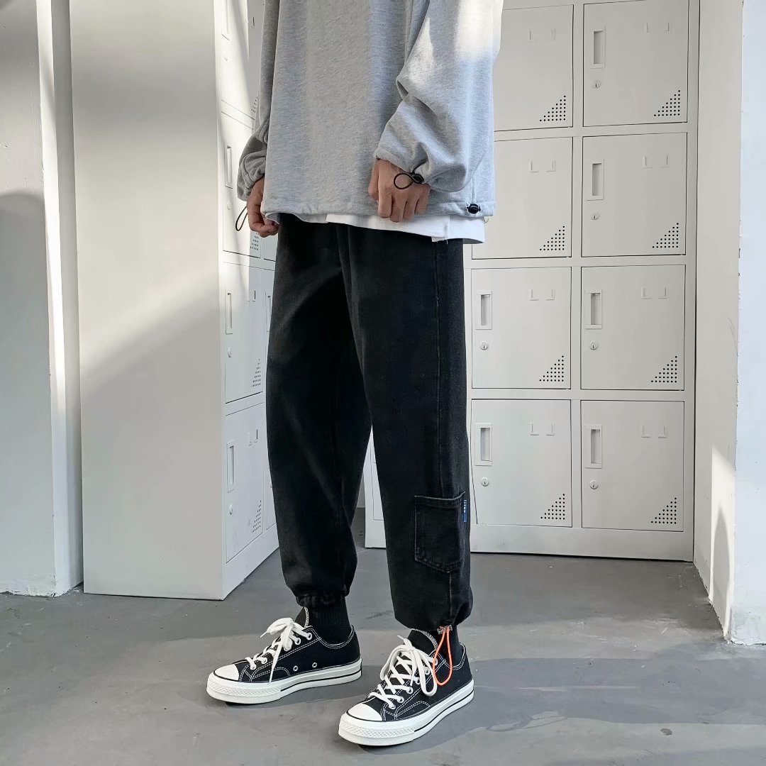 实拍 韩版宽松纯色港风百搭水洗牛仔上衣男日系宽松休闲束脚裤潮