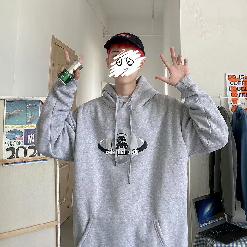 实拍 港风百搭宽松街头连帽上衣男韩版休闲日系简约印花潮流卫衣