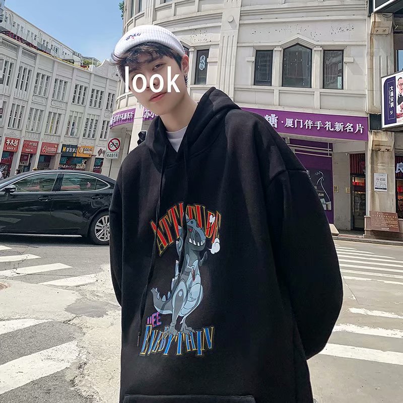 实拍 韩版宽松百搭潮流印花上衣男日系简约港风街头连帽卫衣