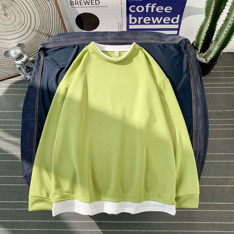 实拍 日系简约宽松圆领假两件上衣男韩版港风百搭休闲潮流卫衣