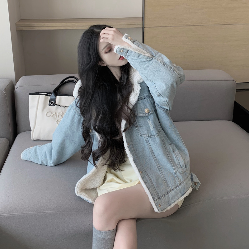 实价实拍  2020冬季新款加绒加厚保暖宽松羊羔毛牛仔棉服外套