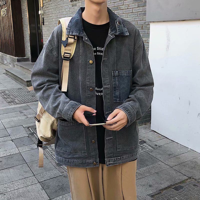 实拍 韩版宽松百搭水洗牛仔夹克上衣男港风百搭街头日系休闲外套