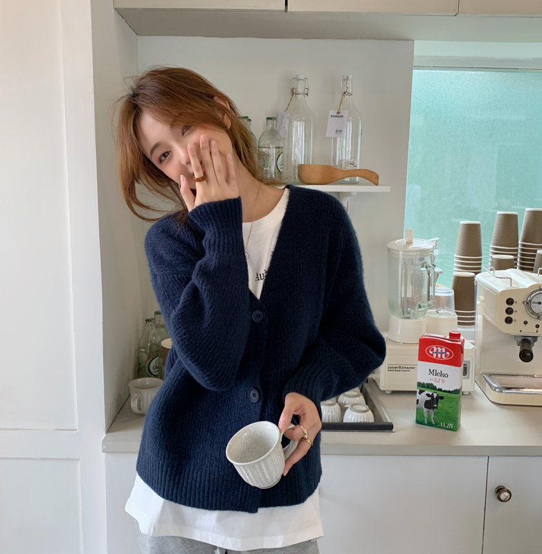 实拍实价 韩版新款V领针织开衫宽松慵懒风毛衣外套女