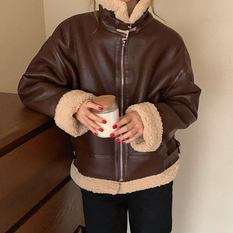 实价实拍三标齐韩版加厚皮毛一体羊羔毛保暖机车皮外套