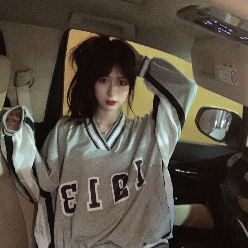 实拍实价 控3 宽松慵懒拼色中长款棒球服原宿bf风V领长袖卫衣