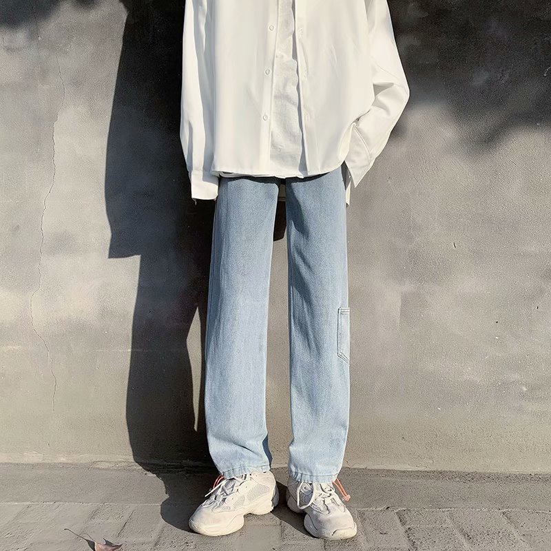 实拍 日系简约宽松纯色水洗牛仔九分裤男韩版港风街头直筒束脚裤