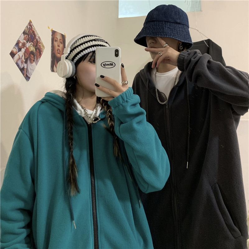 实拍实价韩版复古秋冬加厚保暖摇粒绒连帽拉链外套男女款