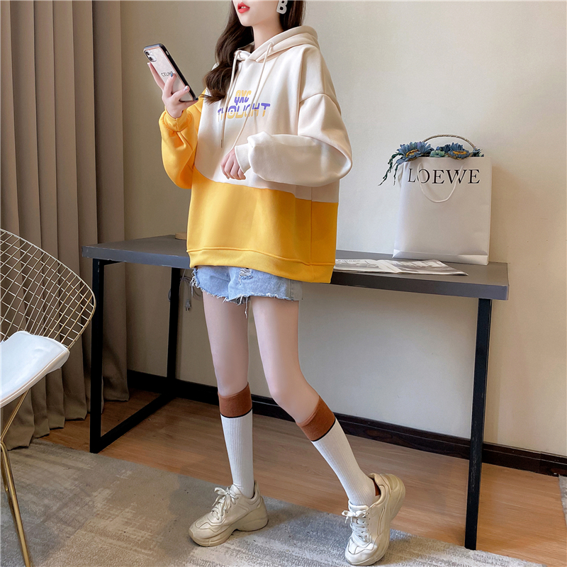 实拍 加绒卫衣女士秋冬新款2020韩版宽松字母假两件连帽卫衣ins潮